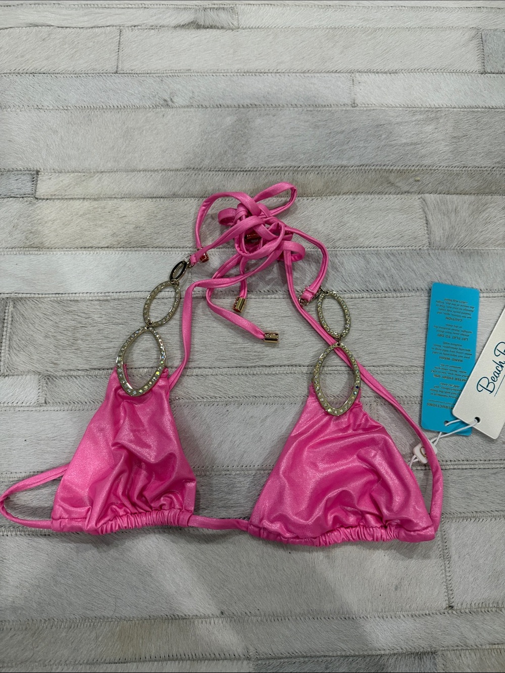 Beach Bunny Metallic Hot Pink Triangle Bandeau Top with Gold Rings